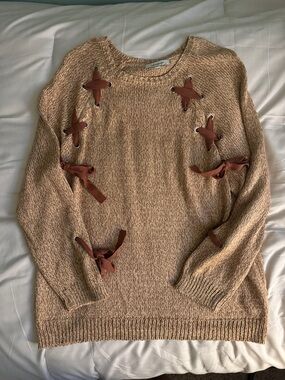 Cream Knit Crewneck Sweater with Brown Ribbon Tie Accents